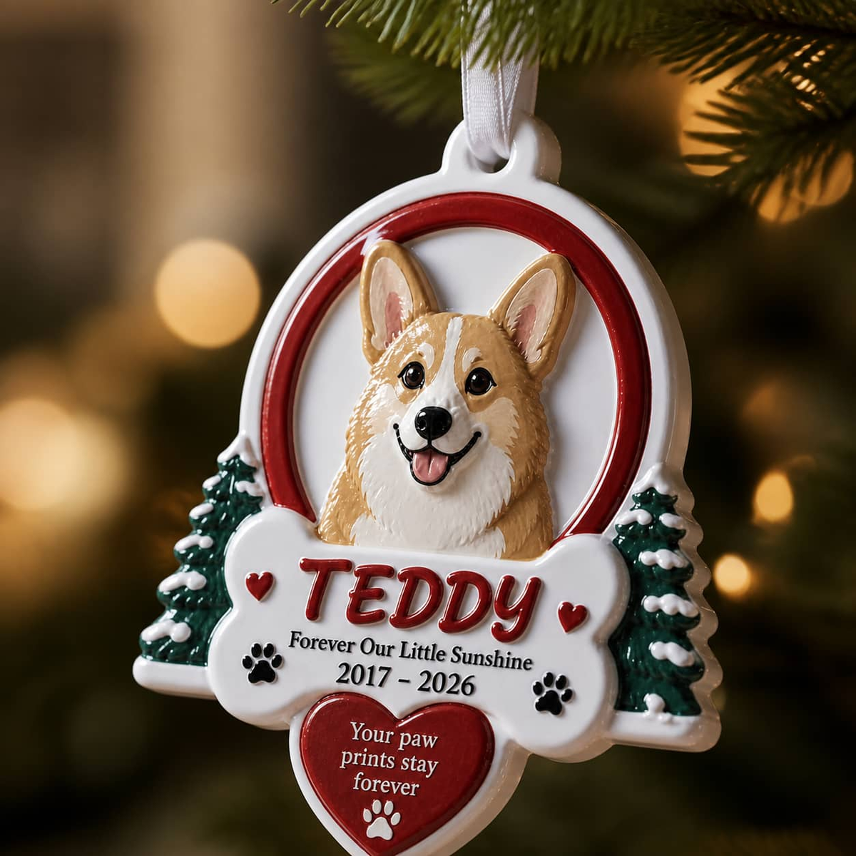 Pet Memorial Holiday Decoration with Pine Trees, Bone, and Red Heart - 3D Relief Ornament