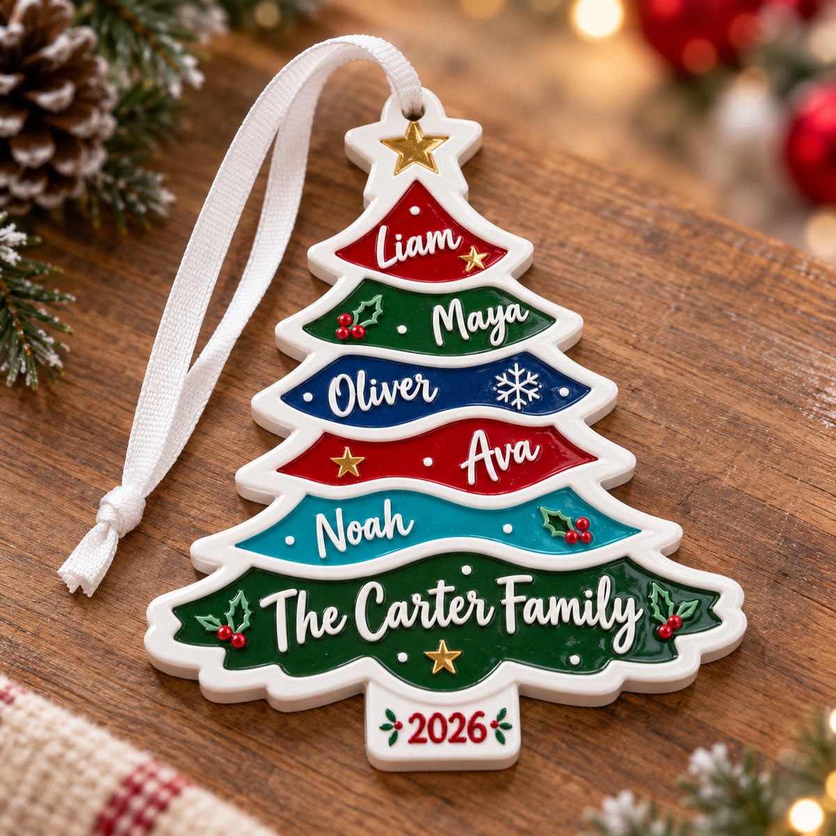 Family Christmas Tree Multicolor Tiered Plaque Hanging Keepsake - 3D Relief Ornament
