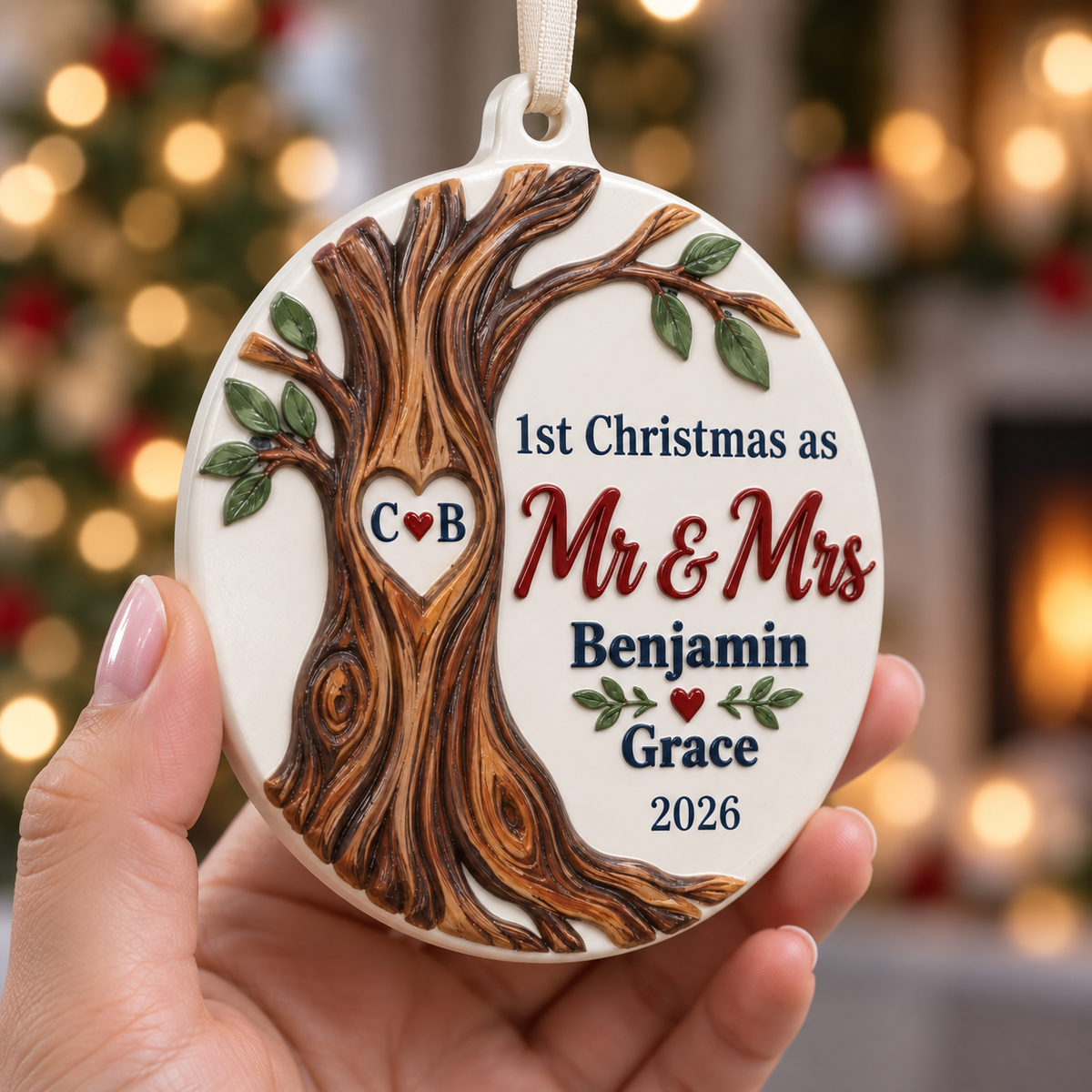 First Christmas as Mr and Mrs Round Holiday Hanging Decoration with Carved Tree Trunk - 3D Relief Ornament