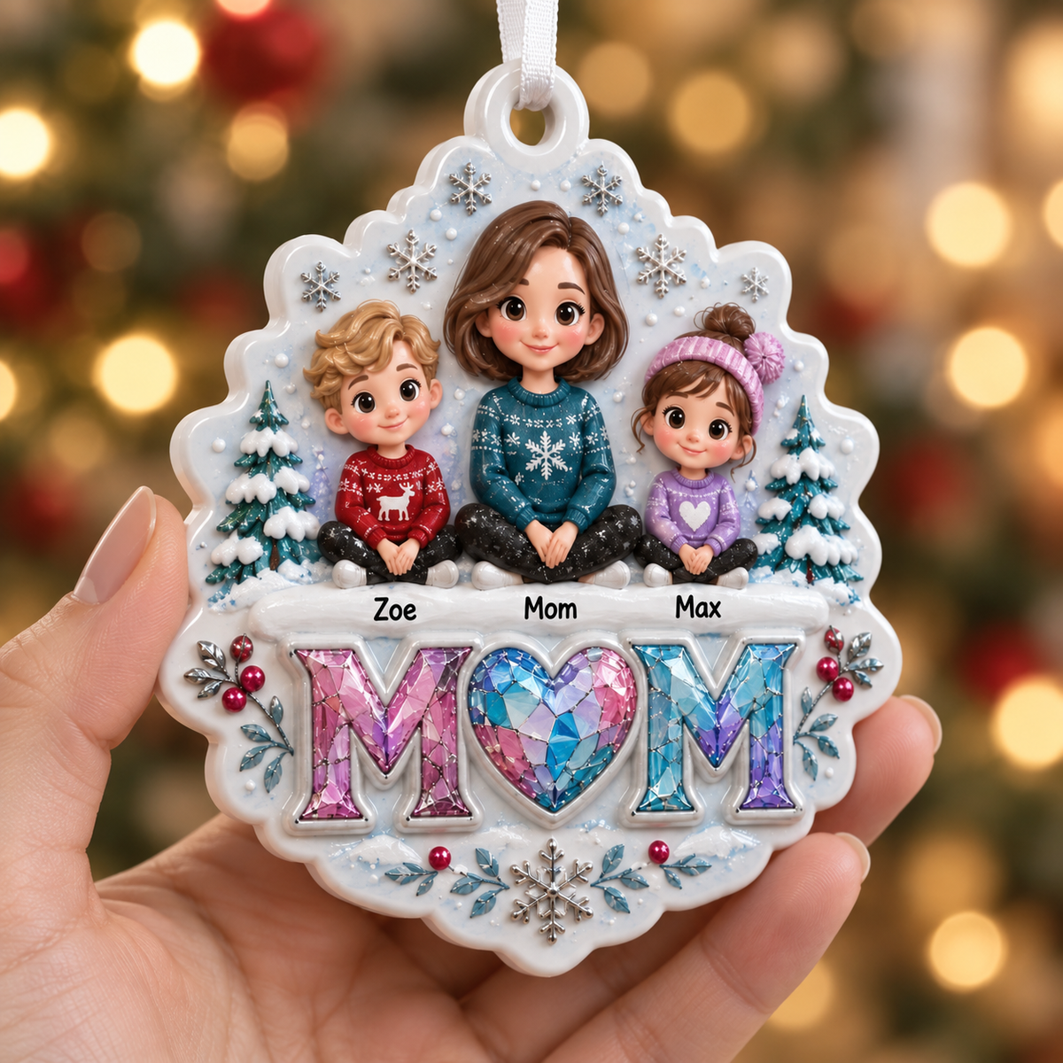 Mom and Two Children Winter Family Tree Hanging Decor with Snowflakes - 3D Relief Ornament