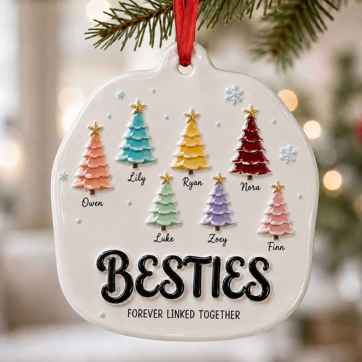 Besties Forever Linked Colorful Christmas Trees Keepsake - 3D Relief Ornament