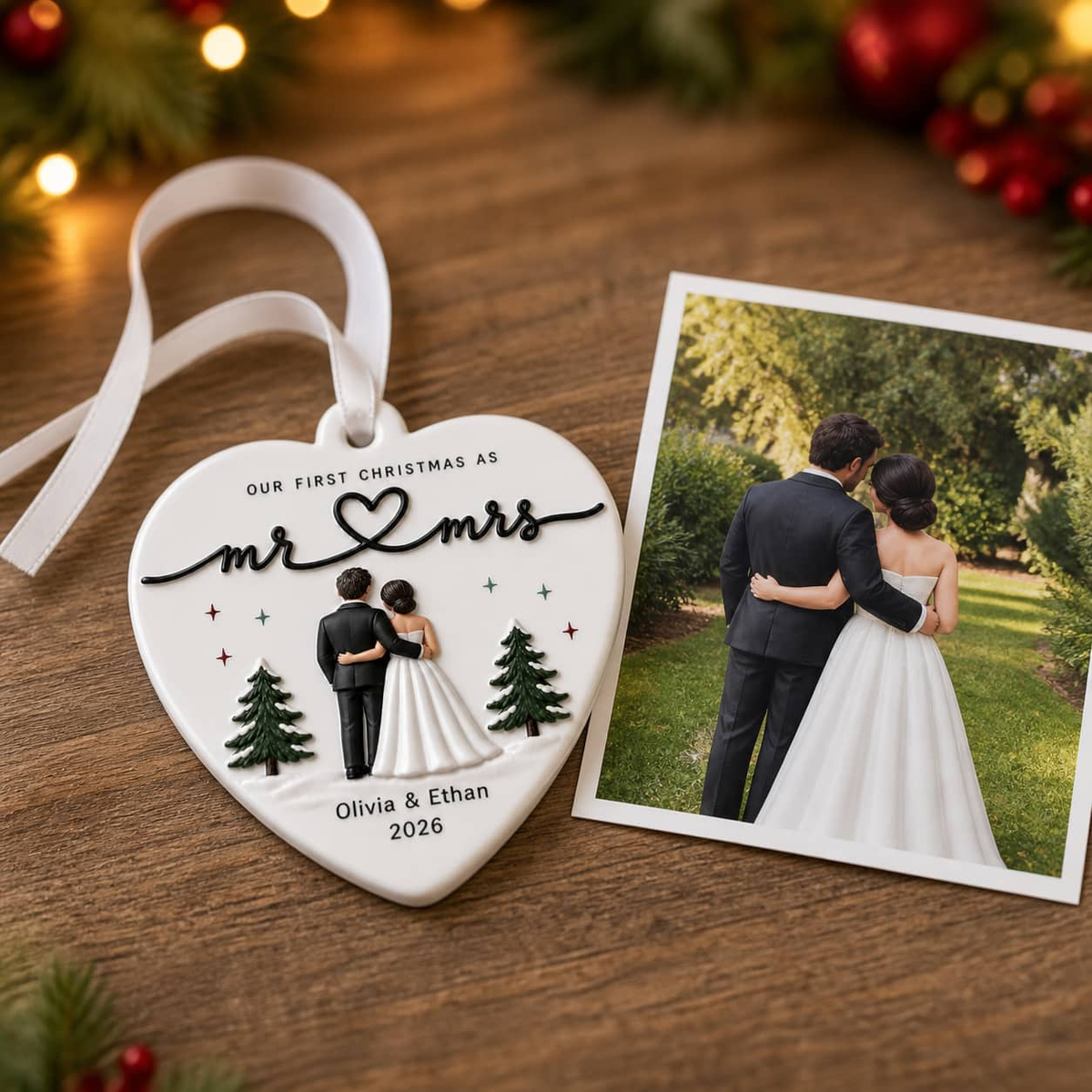 First Christmas Mr and Mrs Wedding Couple Heart Keepsake - 3D Relief Ornament