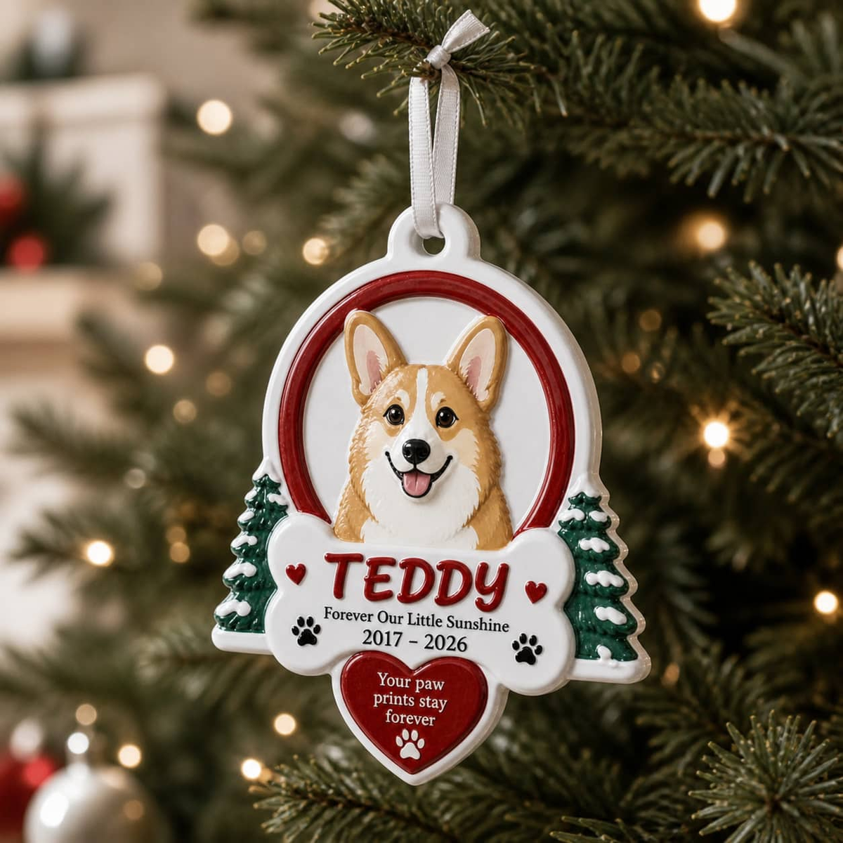 Pet Memorial Holiday Decoration with Pine Trees, Bone, and Red Heart - 3D Relief Ornament