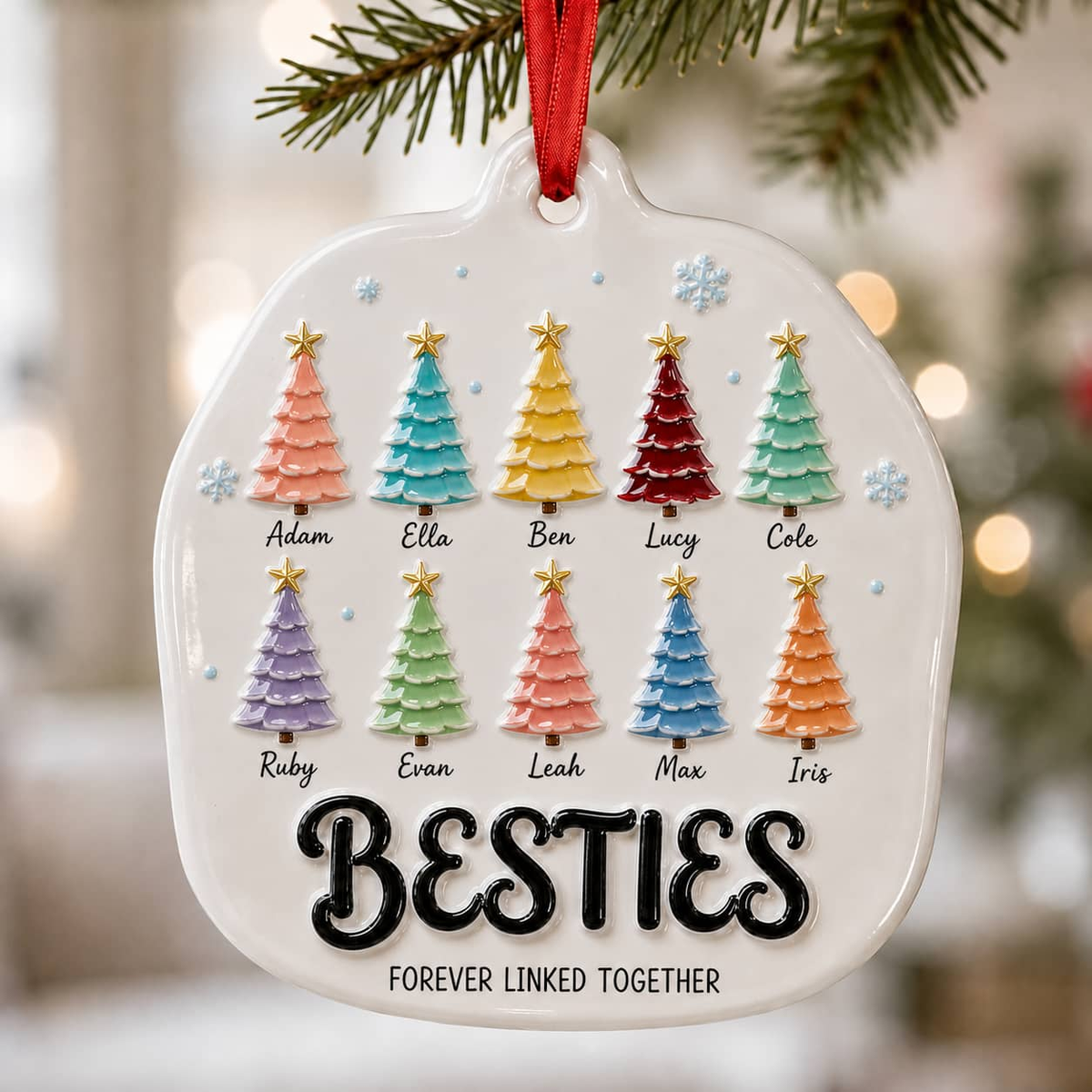 Besties Forever Linked Colorful Christmas Trees Keepsake - 3D Relief Ornament