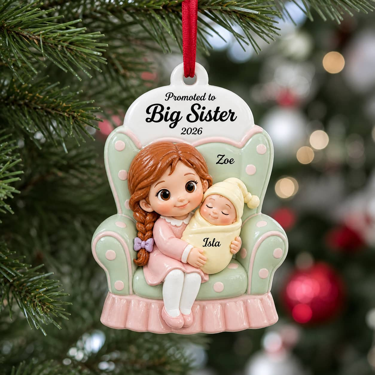 Promoted to Big Sister Hanging Keepsake, Girl in Armchair Holding Newborn Baby - 3D Relief Ornament