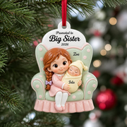 Promoted to Big Sister Hanging Keepsake, Girl in Armchair Holding Newborn Baby - 3D Relief Ornament