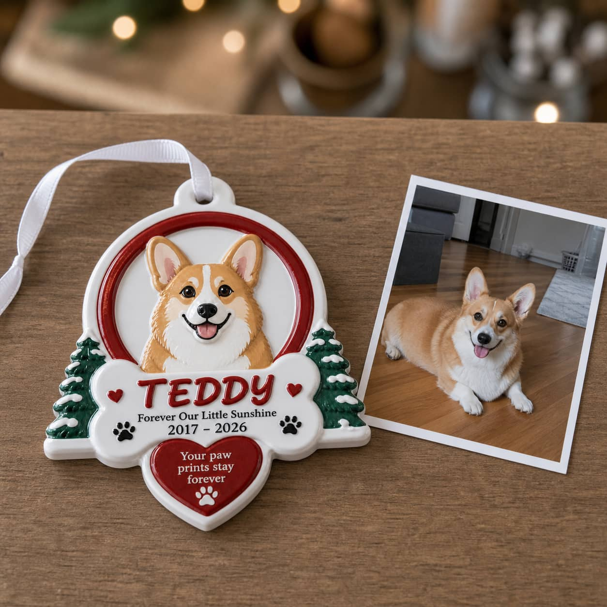 Pet Memorial Holiday Decoration with Pine Trees, Bone, and Red Heart - 3D Relief Ornament