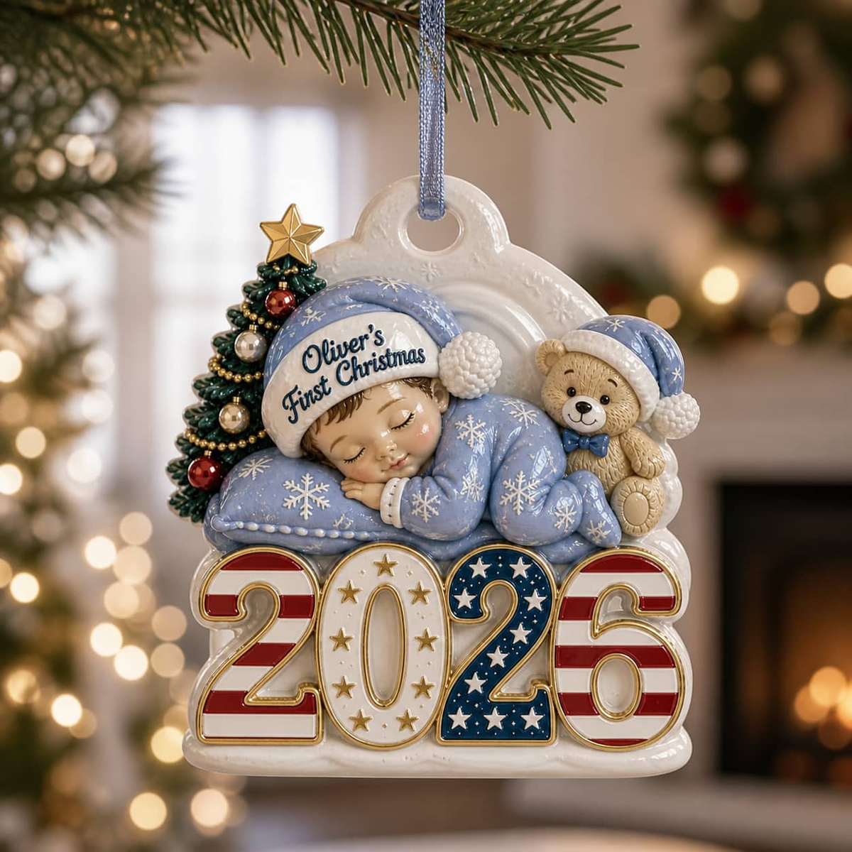 Baby's First Christmas 2026 Sleeping Boy with Teddy Bear, Patriotic Stars and Stripes - 3D Relief Ornament
