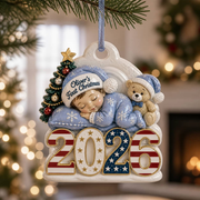 Baby's First Christmas 2026 Sleeping Boy with Teddy Bear, Patriotic Stars and Stripes - 3D Relief Ornament