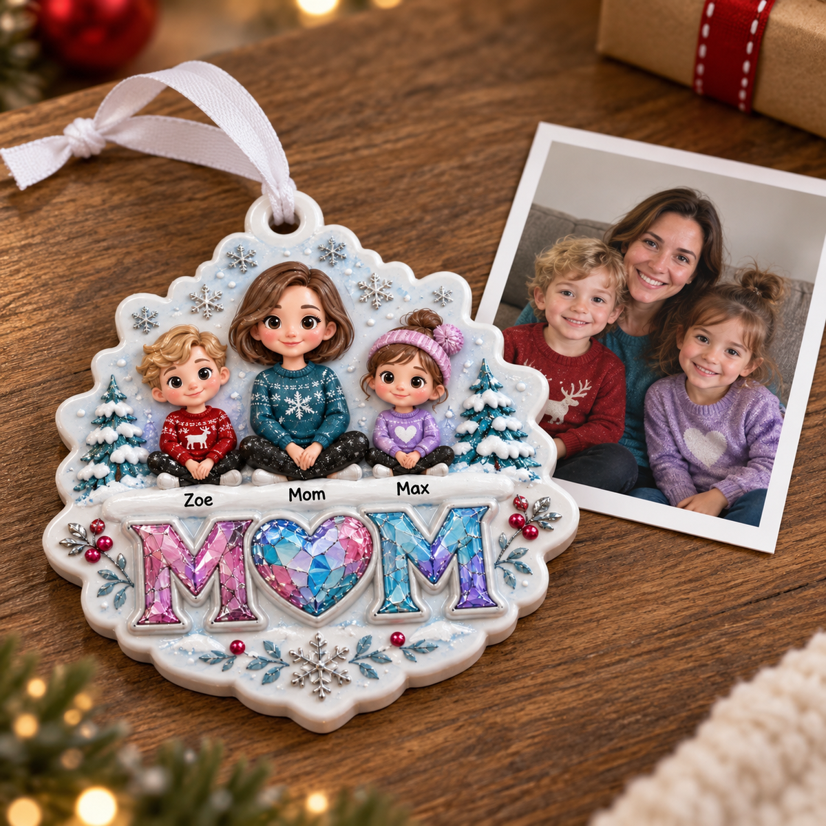 Mom and Two Children Winter Family Tree Hanging Decor with Snowflakes - 3D Relief Ornament