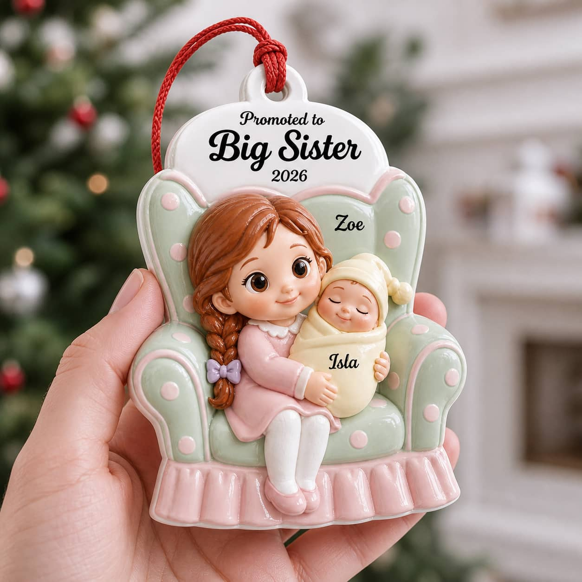 Promoted to Big Sister Hanging Keepsake, Girl in Armchair Holding Newborn Baby - 3D Relief Ornament