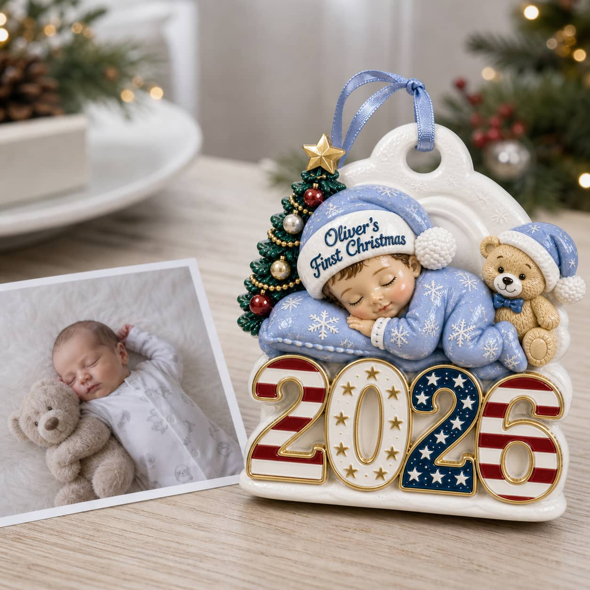 Baby's First Christmas 2026 Sleeping Boy with Teddy Bear, Patriotic Stars and Stripes - 3D Relief Ornament