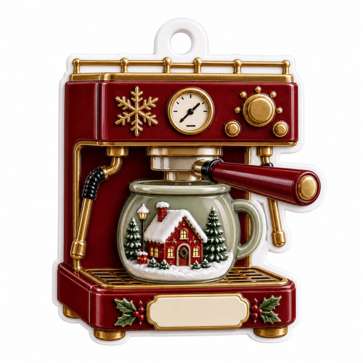 Retro Espresso Coffee Machine with Winter Village Mug Holiday Decor - 3D Relief Ornament