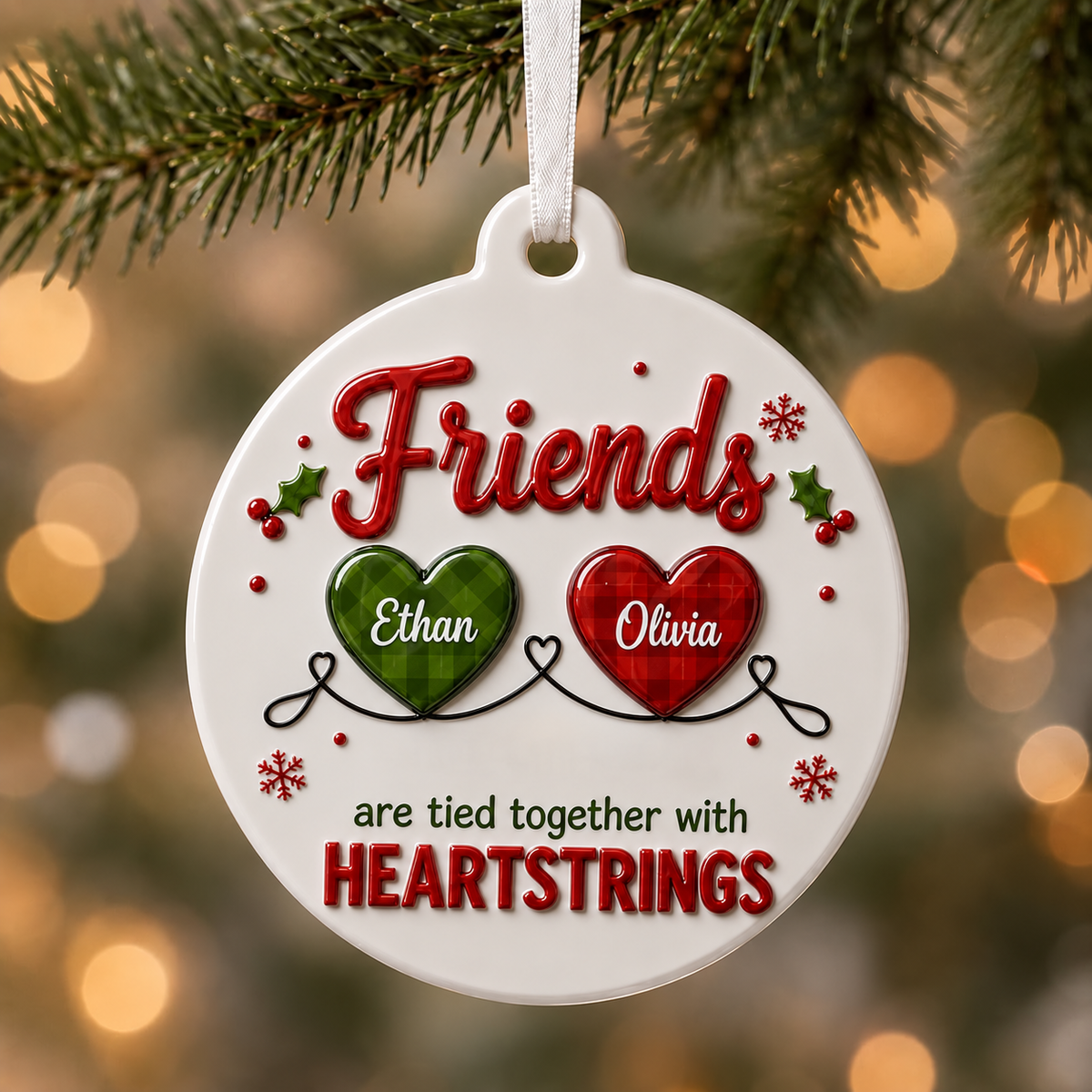 Friends Heartstrings Christmas Tree Holiday Decor, Oval White Design with Raised Red Green Details - 3D Relief Ornament