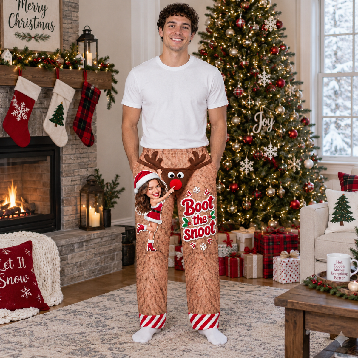 Pajama Pants Christmas Reindeer Hairy Leg Graphic Holiday Loungewear