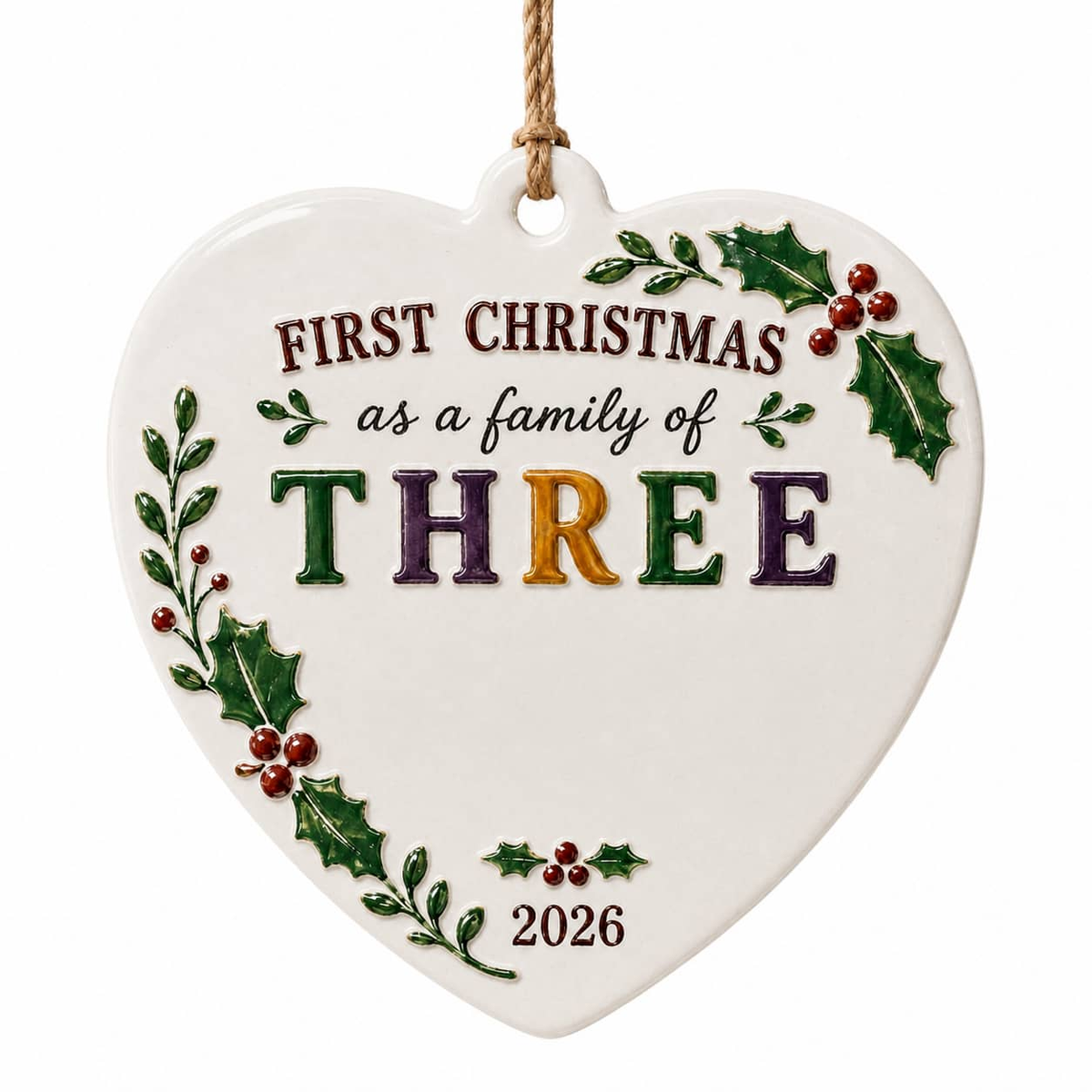 First Christmas Family of Three Heart Ceramic Keepsake with Ribbon - 3D Relief Ornament