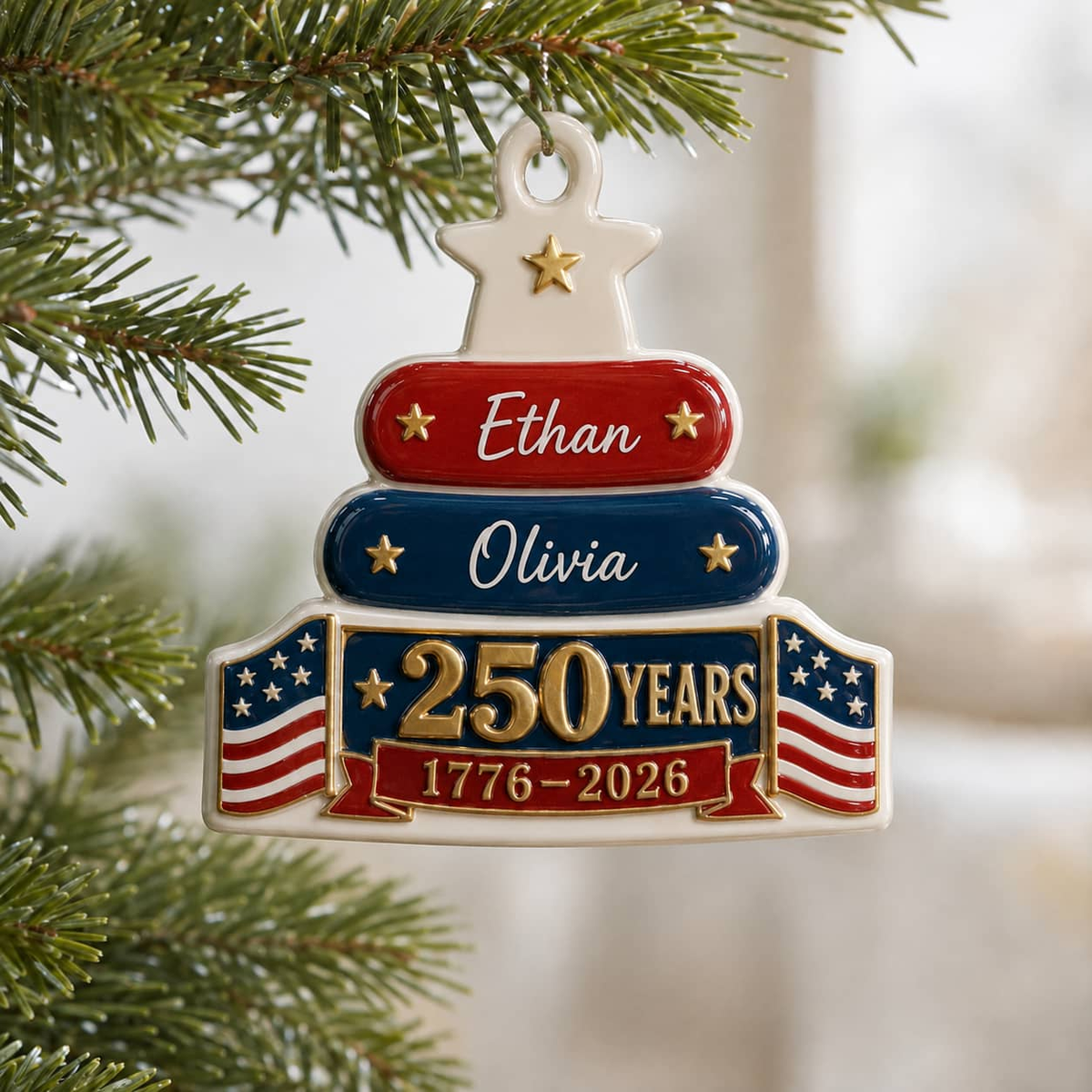 USA 250 Years 1776-2026 Patriotic Christmas Family Tree Keepsake - 3D Relief Ornament