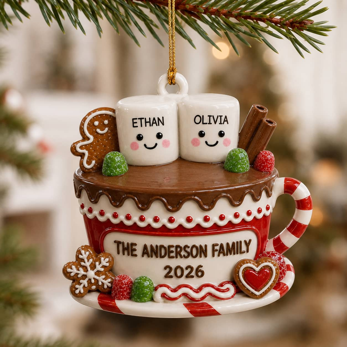 Hot Chocolate Mug Family Marshmallow Christmas Keepsake - 3D Relief Ornament