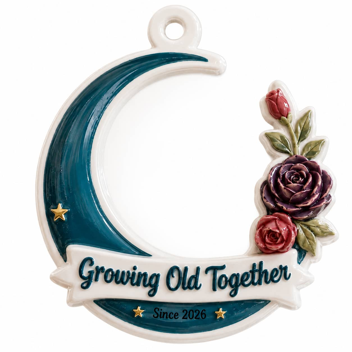 Growing Old Together Couple Keepsake, Elderly Pair on Crescent Moon Ceramic Decor - 3D Relief Ornament