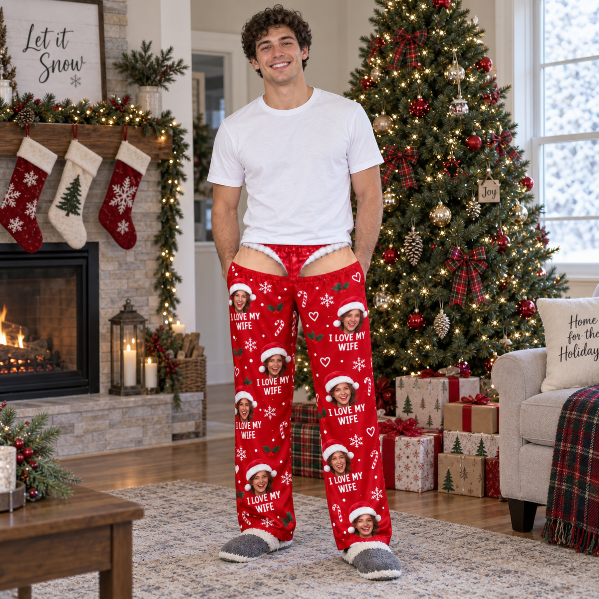 Christmas Pajama Pants Red Novelty Holiday Sleep Bottoms Wide Leg