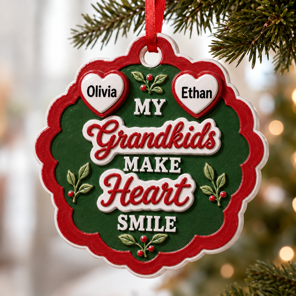 Grandkids Make Heart Smile Red and Green Scalloped Tree Keepsake - 3D Relief Ornament