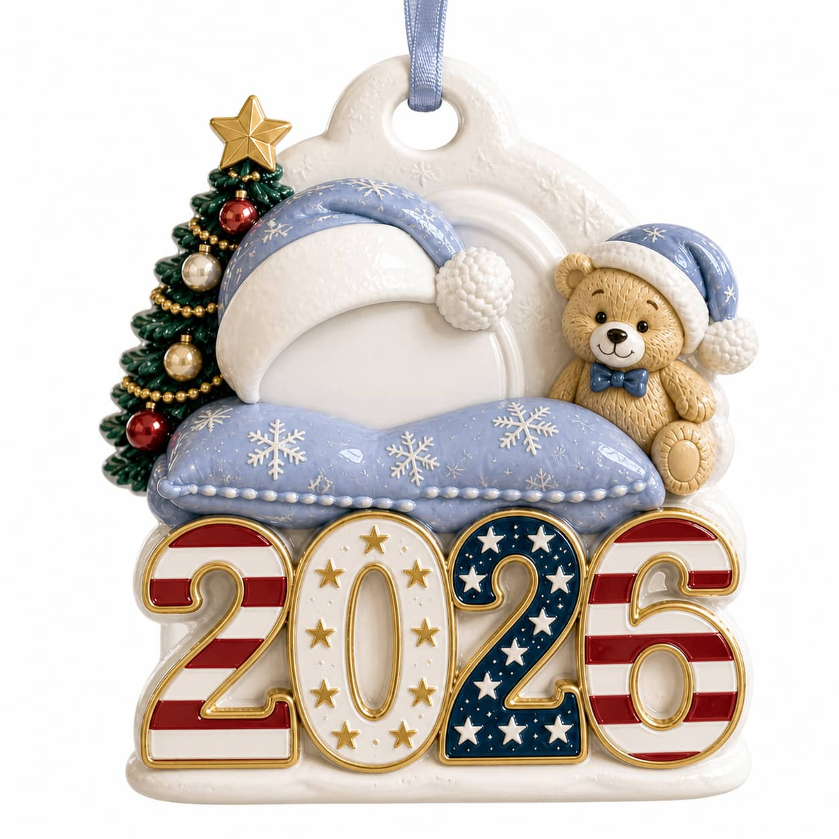 Baby's First Christmas 2026 Sleeping Boy with Teddy Bear, Patriotic Stars and Stripes - 3D Relief Ornament