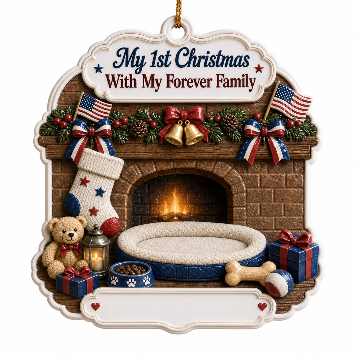 Holiday Tree Decoration, First Christmas Sleeping Puppy by Fireplace - 3D Relief Ornament