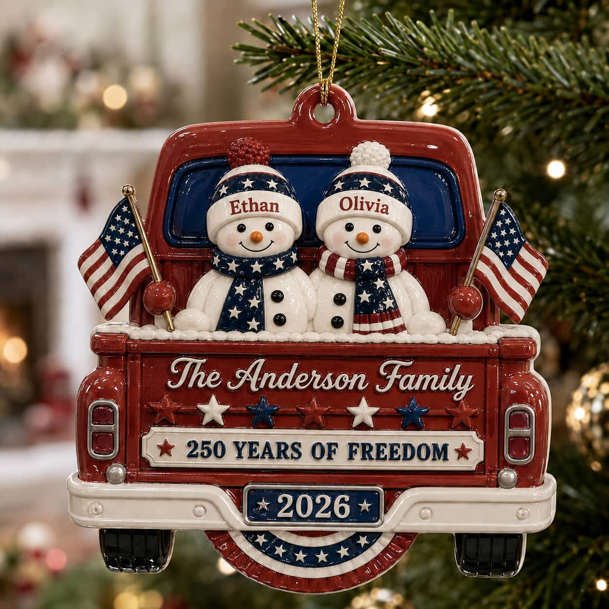 Christmas Snowman Pickup Truck Holiday Decor, Patriotic Red White Blue Design - 3D Relief Ornament