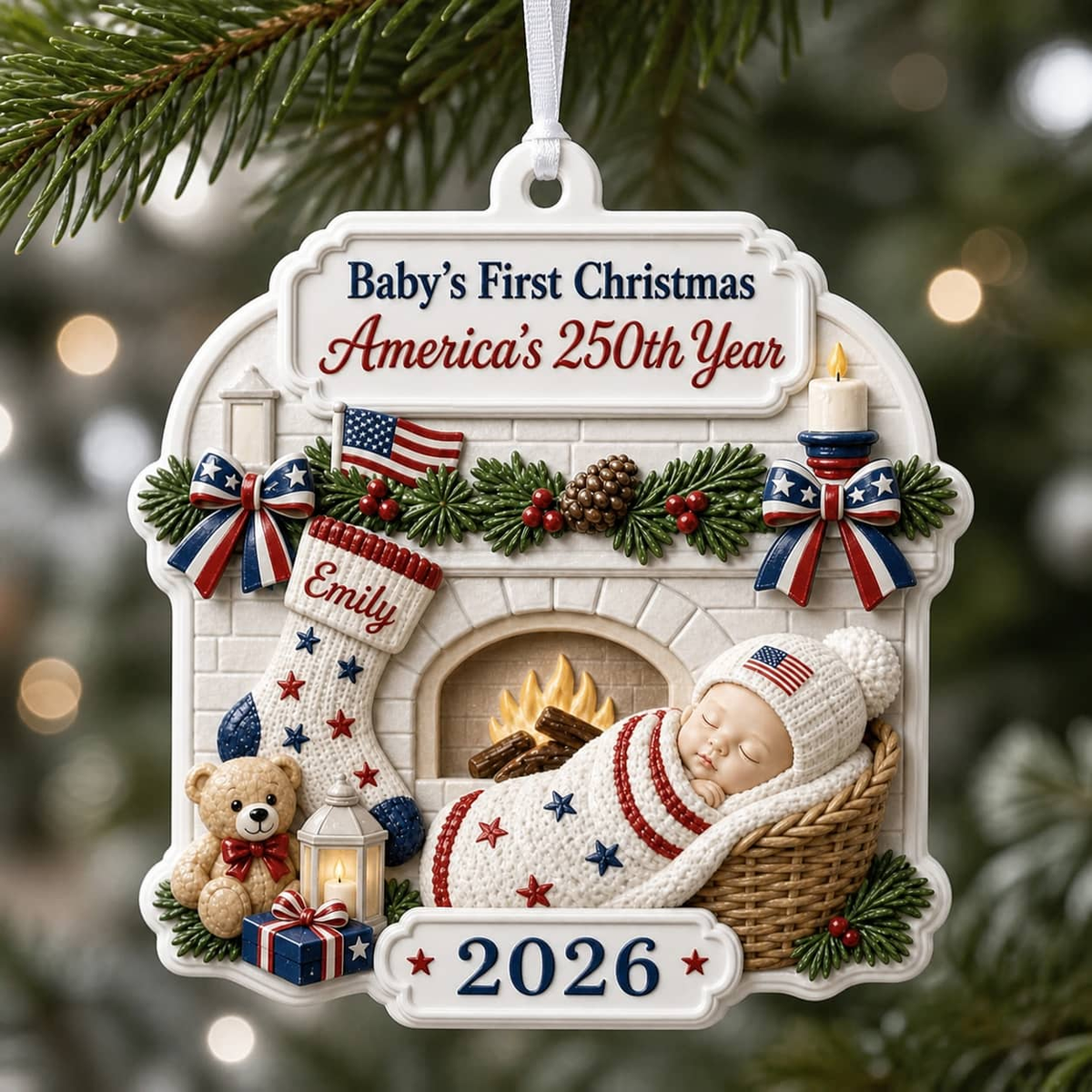 Baby's First Christmas 2026 Hanging Keepsake, America's 250th Year Patriotic Fireplace - 3D Relief Ornament