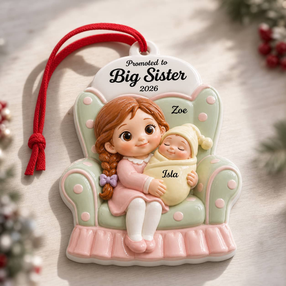 Promoted to Big Sister Hanging Keepsake, Girl in Armchair Holding Newborn Baby - 3D Relief Ornament