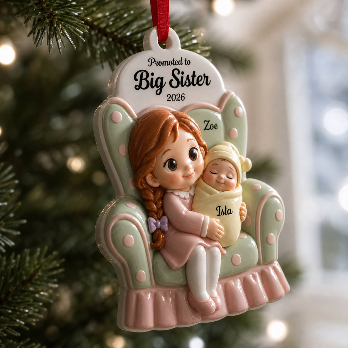 Promoted to Big Sister Hanging Keepsake, Girl in Armchair Holding Newborn Baby - 3D Relief Ornament