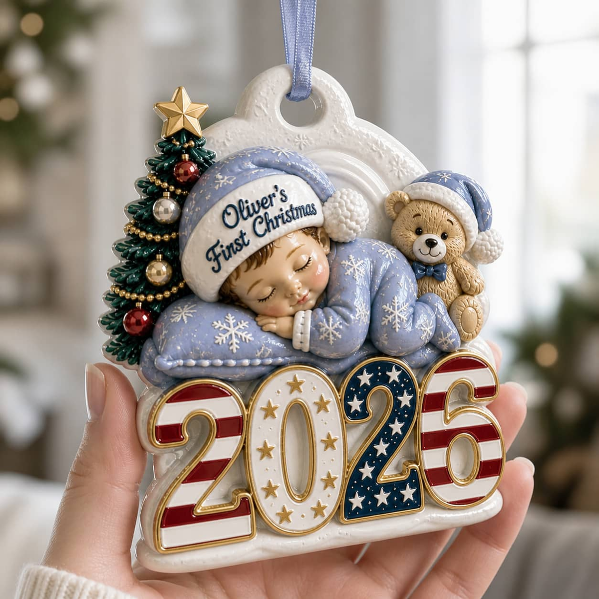 Baby's First Christmas 2026 Sleeping Boy with Teddy Bear, Patriotic Stars and Stripes - 3D Relief Ornament