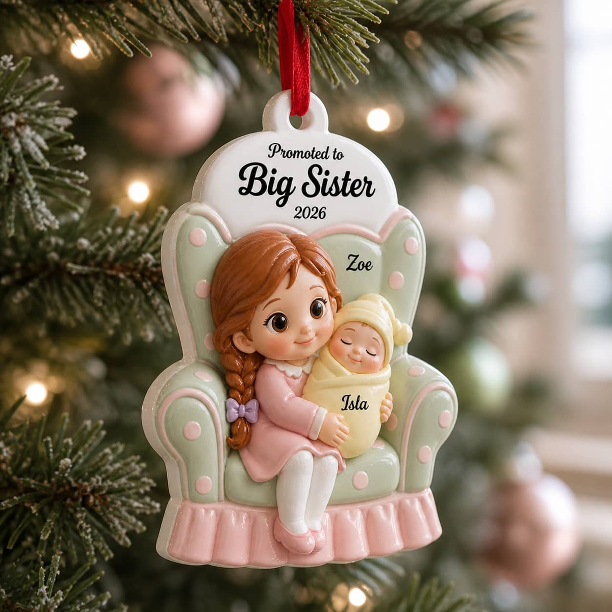 Promoted to Big Sister Hanging Keepsake, Girl in Armchair Holding Newborn Baby - 3D Relief Ornament