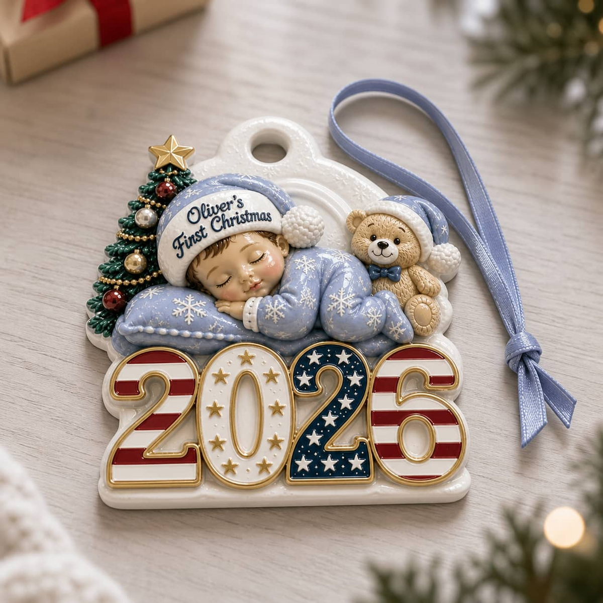 Baby's First Christmas 2026 Sleeping Boy with Teddy Bear, Patriotic Stars and Stripes - 3D Relief Ornament