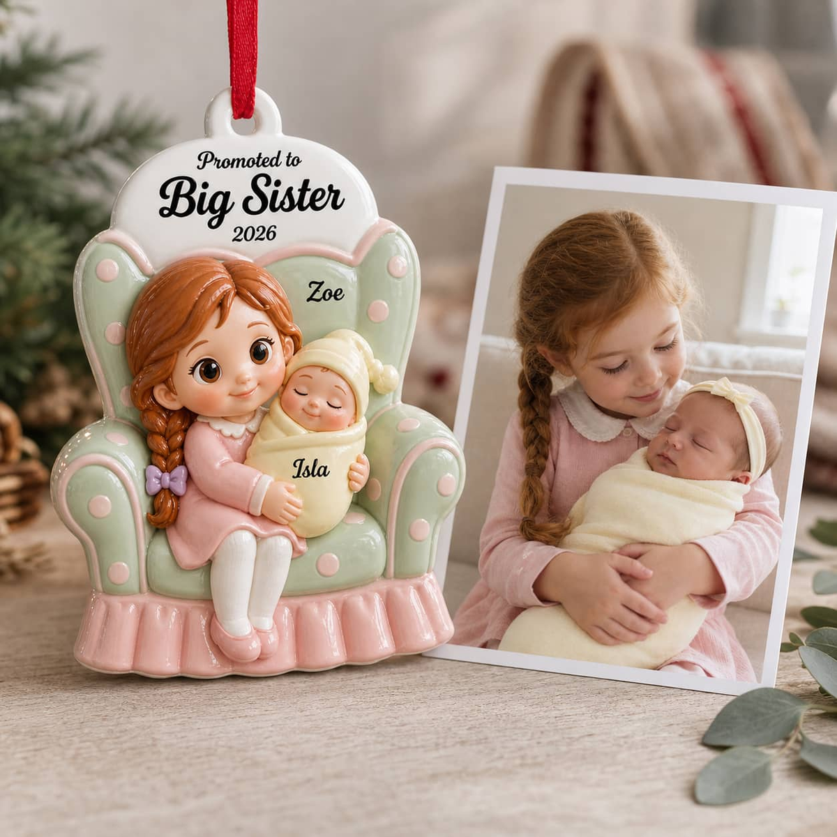 Promoted to Big Sister Hanging Keepsake, Girl in Armchair Holding Newborn Baby - 3D Relief Ornament