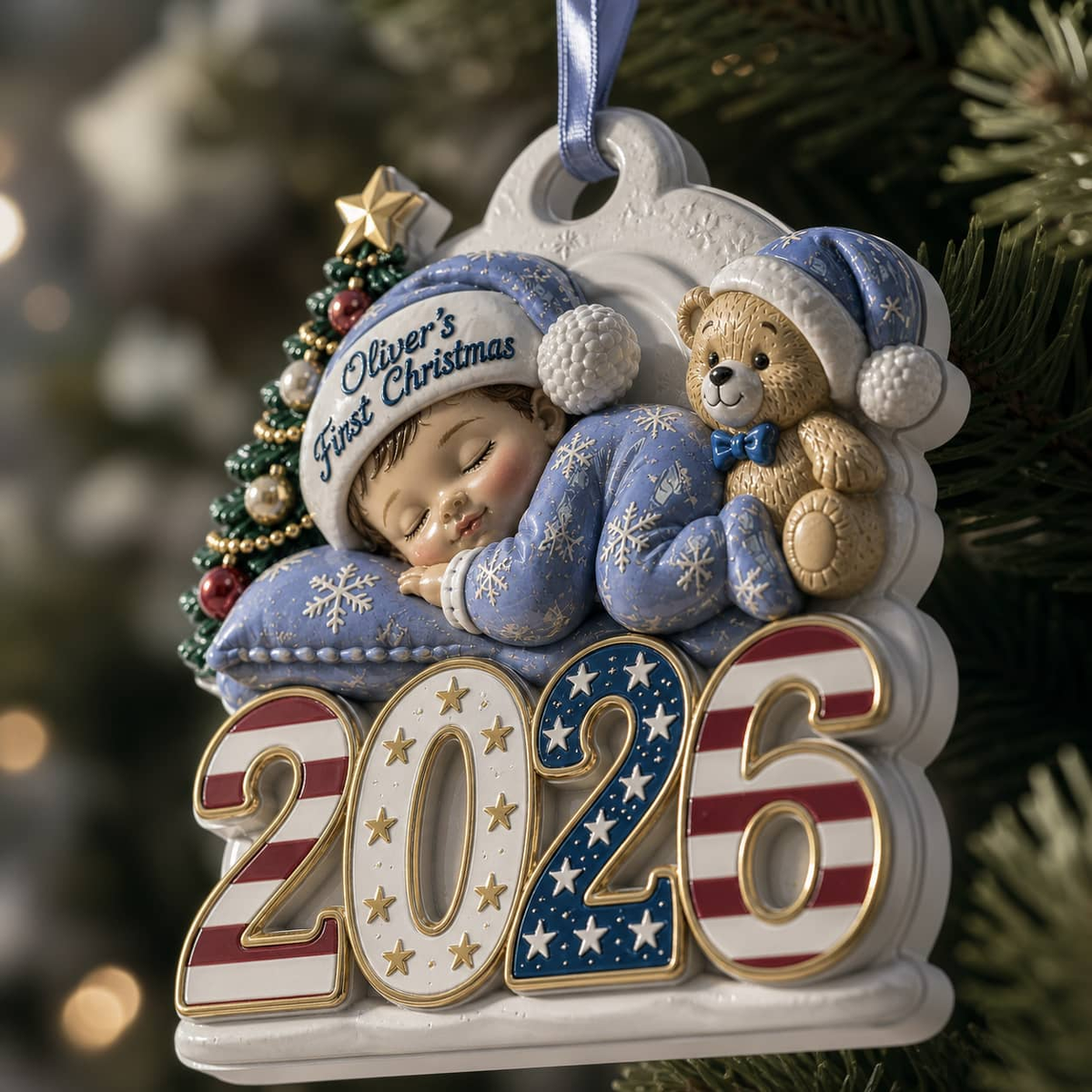 Baby's First Christmas 2026 Sleeping Boy with Teddy Bear, Patriotic Stars and Stripes - 3D Relief Ornament