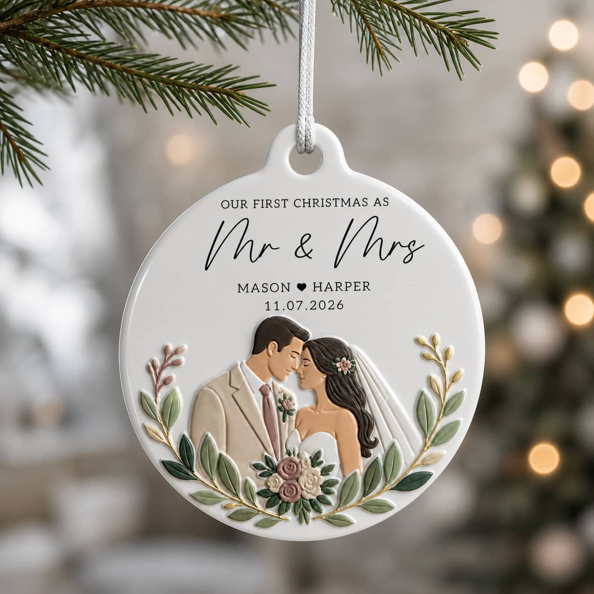First Christmas Mr and Mrs Wedding Couple Round Keepsake - 3D Relief Ornament