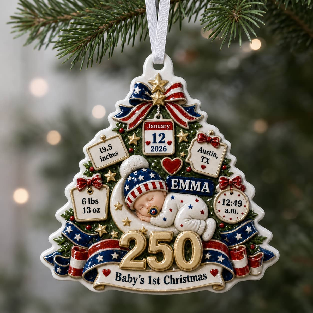 Baby's First Christmas Tree Keepsake, America 250 Patriotic Birth Stats - 3D Relief Ornament