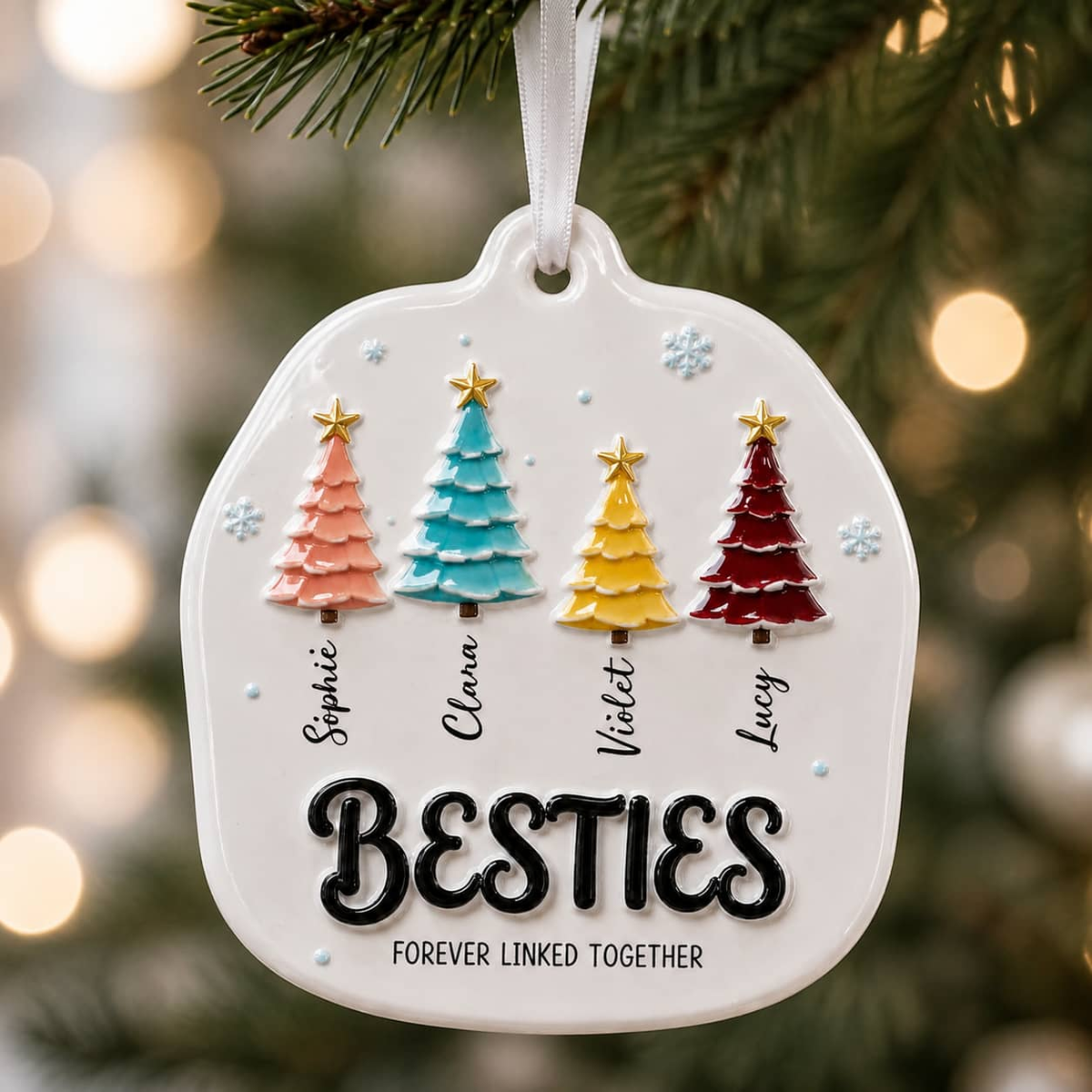 Besties Forever Linked Colorful Christmas Trees Keepsake - 3D Relief Ornament