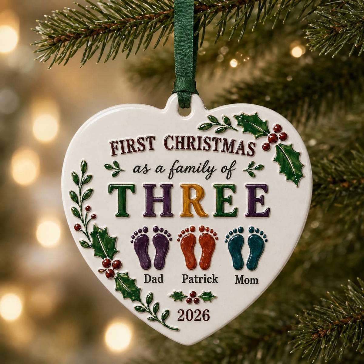 First Christmas Family of Three Heart Ceramic Keepsake with Ribbon - 3D Relief Ornament
