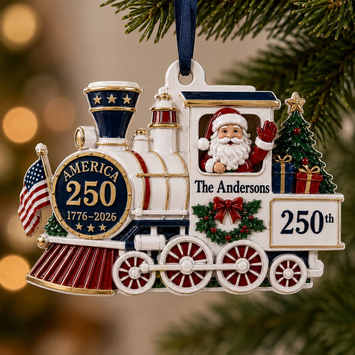 America 250 Santa Steam Train Patriotic Holiday Keepsake with Ribbon - 3D Relief Ornament