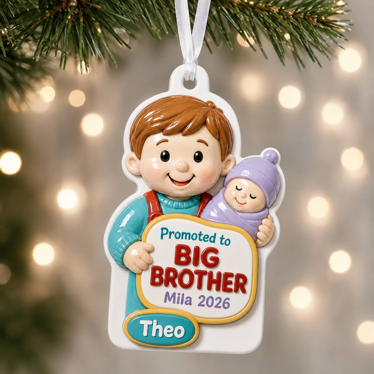 Promoted to Big Brother Holding Baby Sibling Christmas Keepsake - 3D Relief Ornament