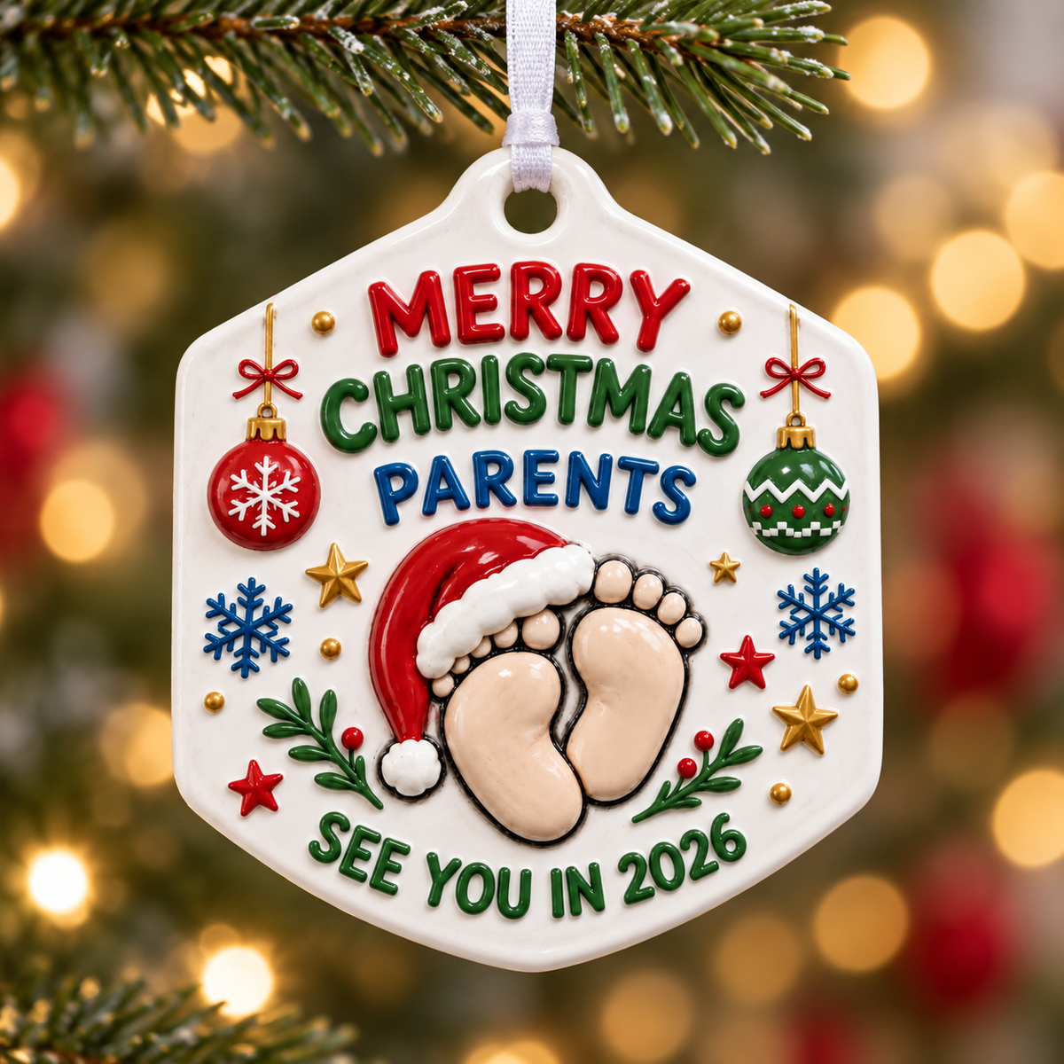 Expecting Parents 2026 Baby Footprint Christmas Tree Hanging Plaque - 3D Relief Ornament