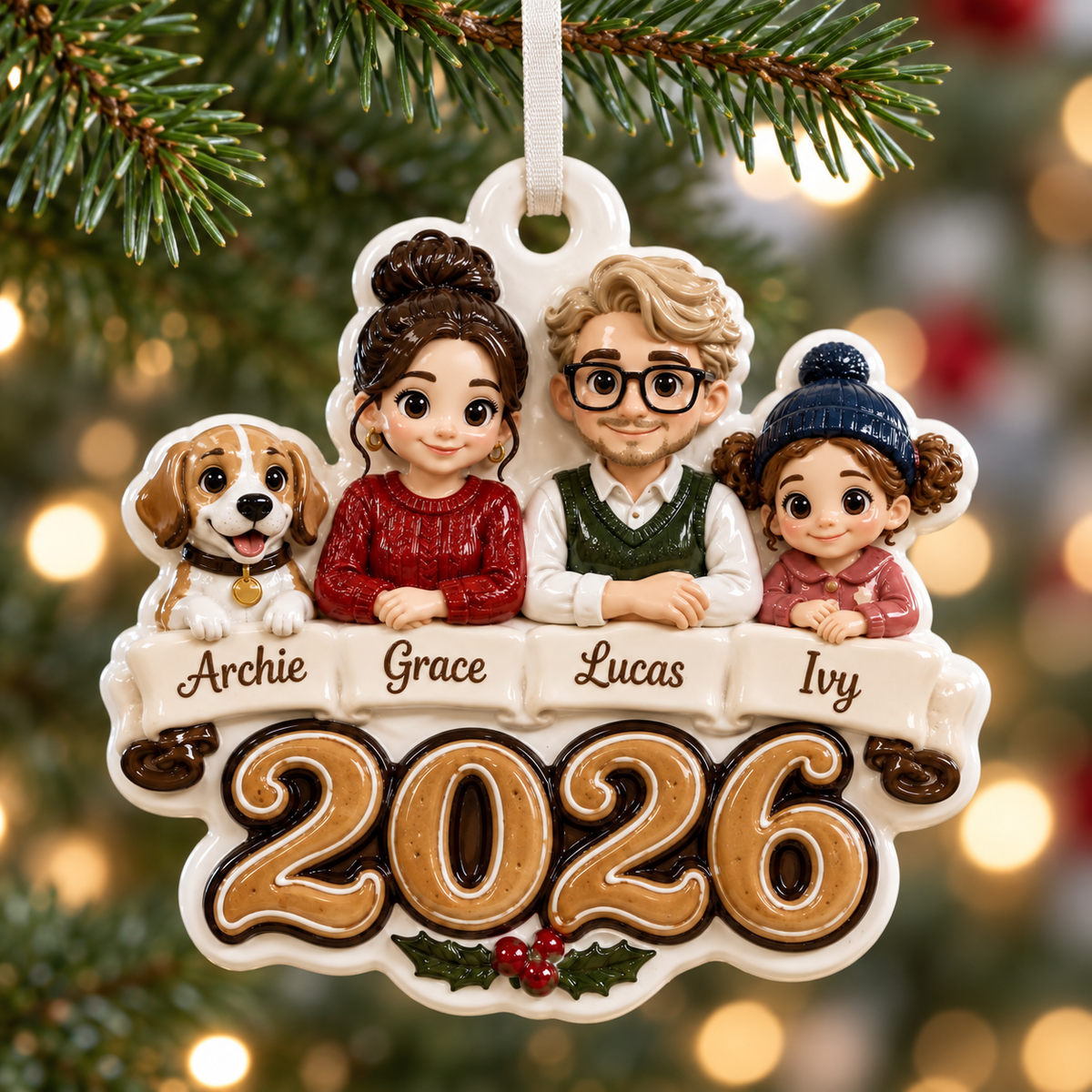 Family and Dog Christmas Tree Keepsake, Holiday Hanging Decor - 3D Relief Ornament