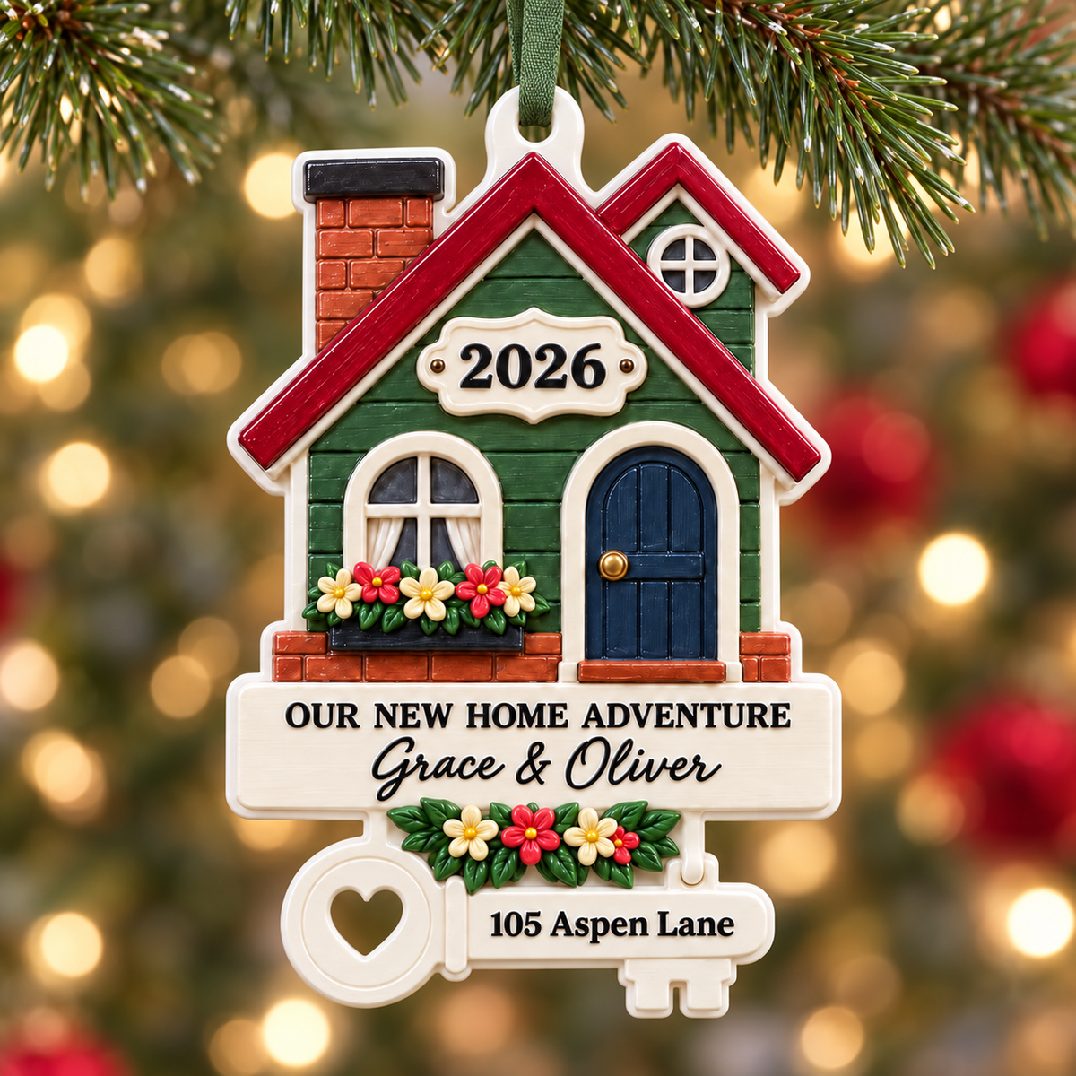 New Home Adventure House and Key Shaped Christmas Tree Hanging Decor - 3D Relief Ornament