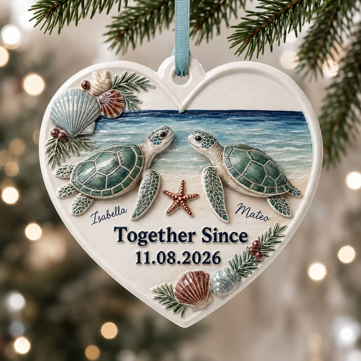 Heart Shaped Sea Turtle Couple Ocean Beach Holiday Tree Keepsake - 3D Relief Ornament