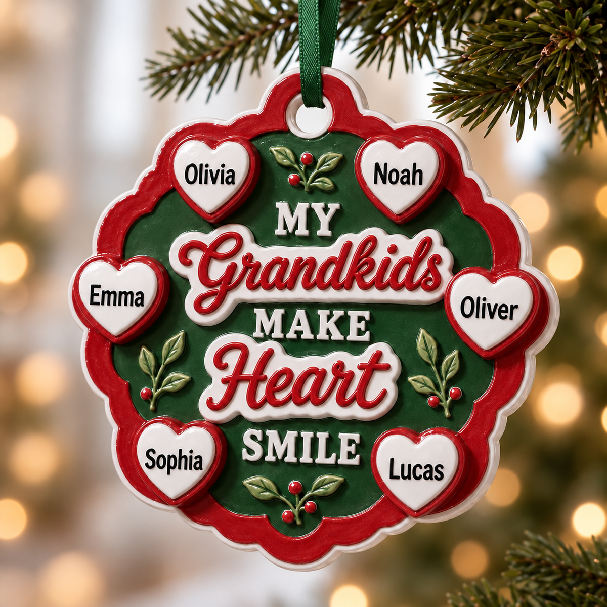 Grandkids Make Heart Smile Red and Green Scalloped Tree Keepsake - 3D Relief Ornament