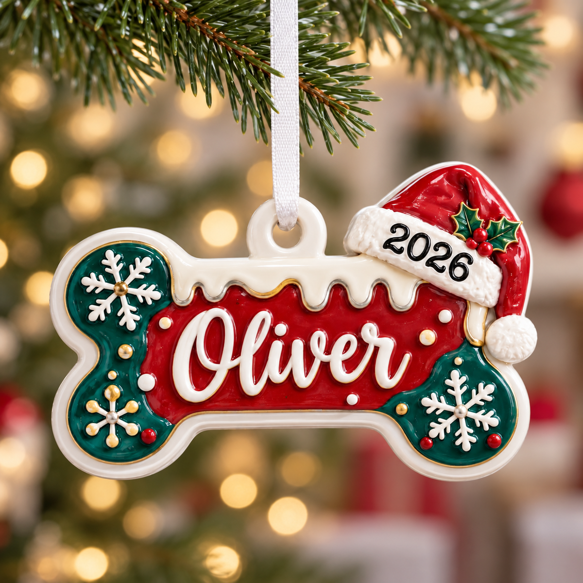 Dog Bone Christmas Tree Hanging Decor with Red Santa Hat and Snowflakes - 3D Relief Ornament