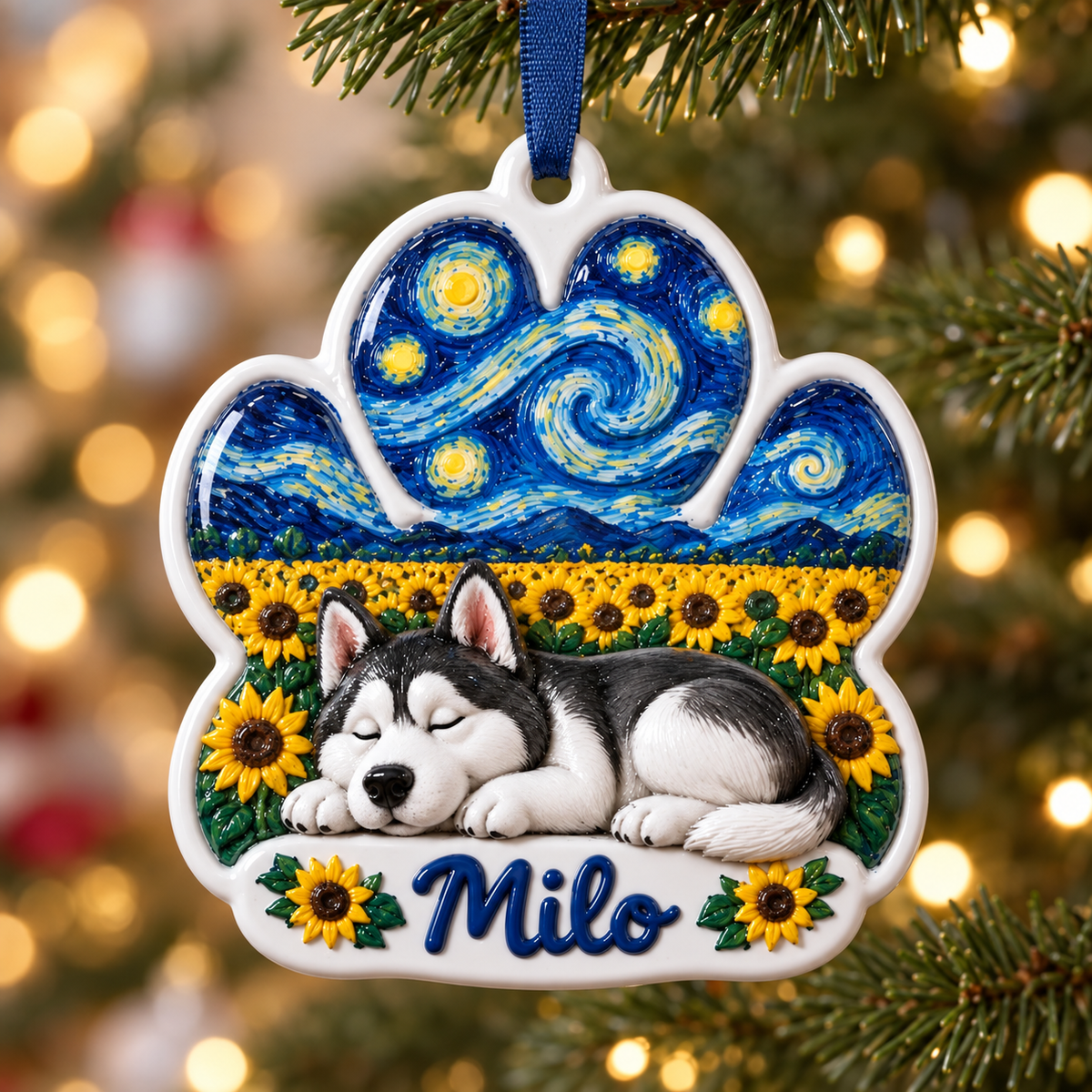 Sleeping Dog Paw Print Sunflower Christmas Tree Hanging Decor - 3D Relief Ornament