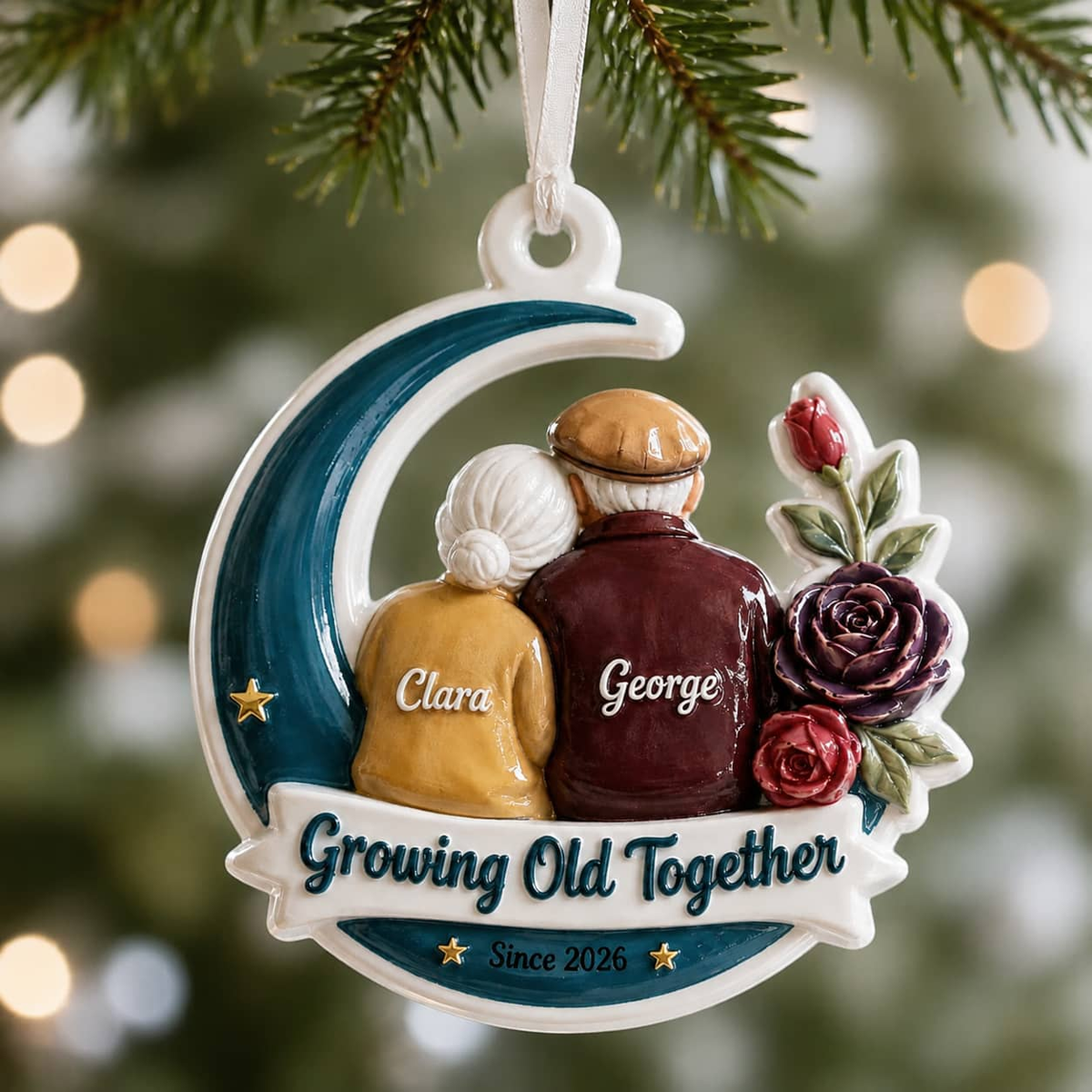 Growing Old Together Couple Keepsake, Elderly Pair on Crescent Moon Ceramic Decor - 3D Relief Ornament